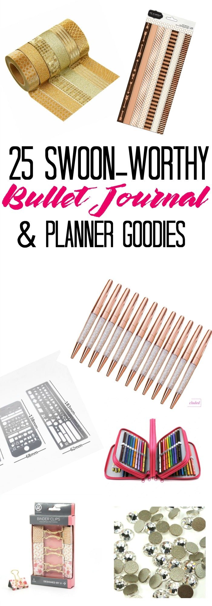 25 Swoon-Worthy Bullet Journal Goodies. Rose gold office supplies, stamps, metallic washi tape, and so much more! You will want to blow your life savings on crafty art and office accessories for your bujo after reading this post.