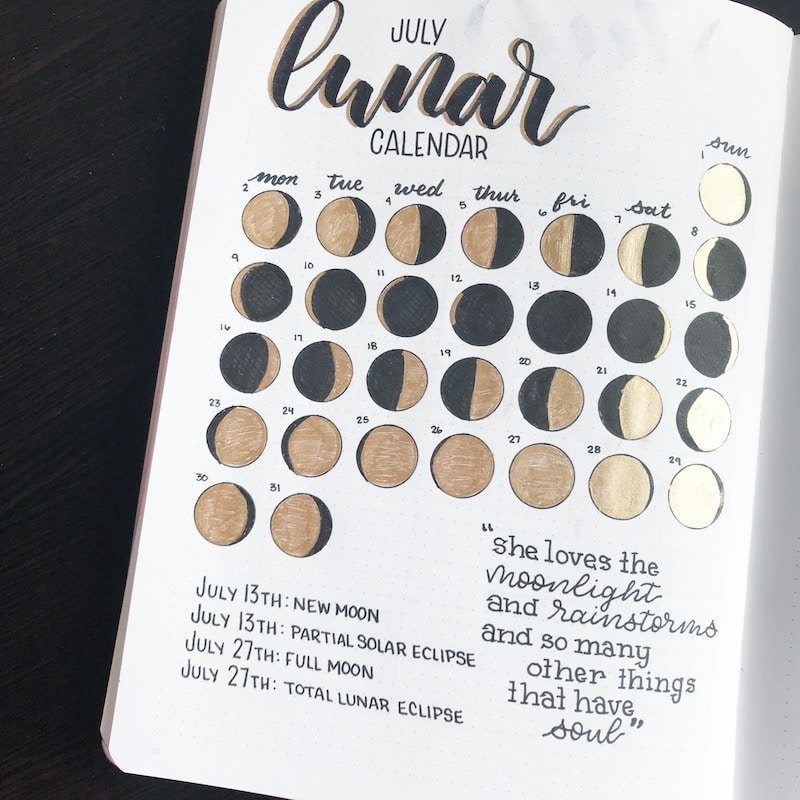 Moon Phases and Lunar Calendar Tutorial in Your bullet Journal