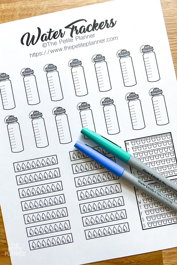 Free Printable Water Trackers with blue and green pens