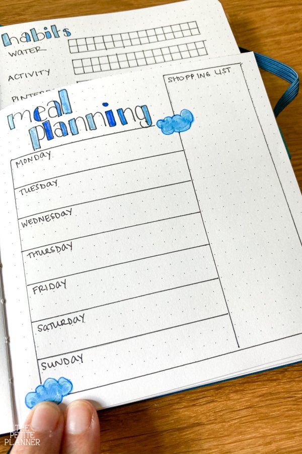 Cloud theme meal planning page for bullet journal