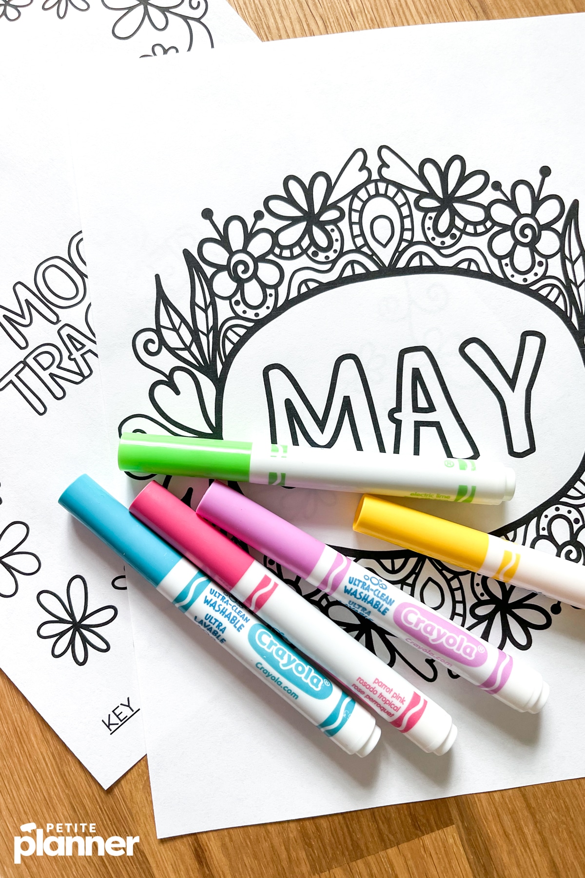 Printable May Bullet Journal cover page with Crayola markers