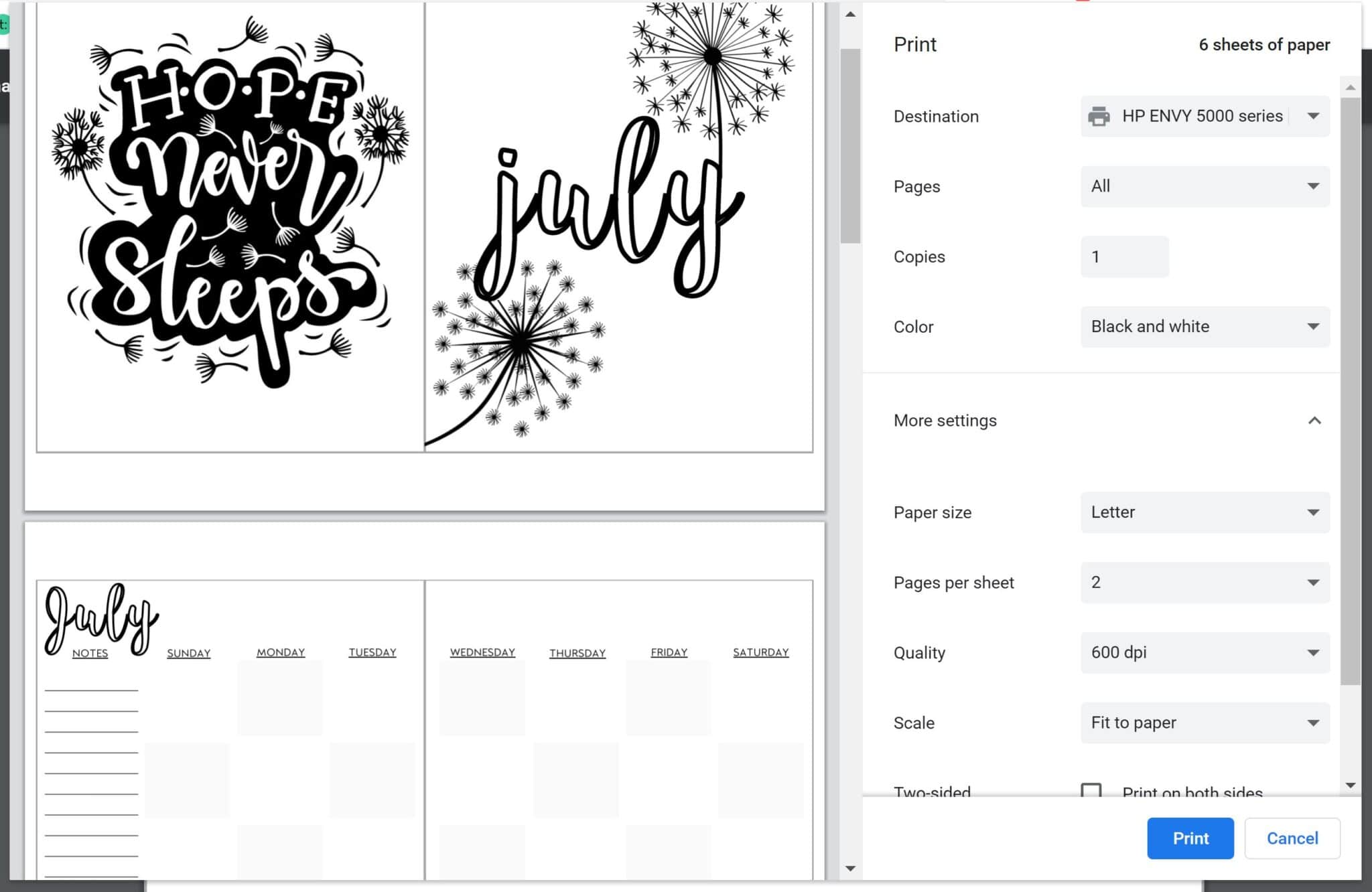 Screenshot for how to print printable bullet journal theme