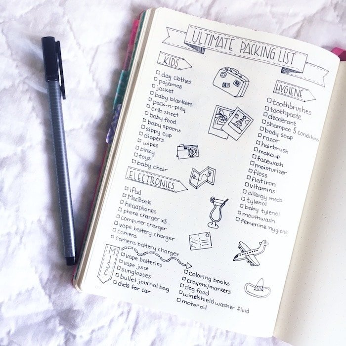 Vacation packing checklist in bullet journal notebook