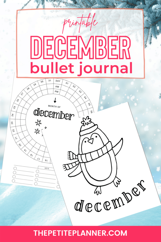 Photo of printable December bullet journal them with a penguin on the cover