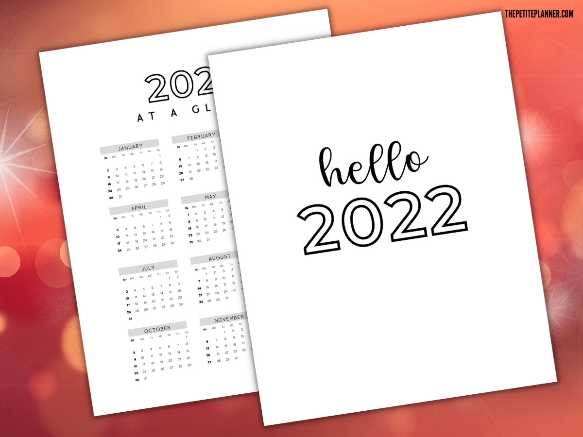 Printable 2022 Bullet Journal pages - One says Hello 2022 and the other is a 2022 calendar