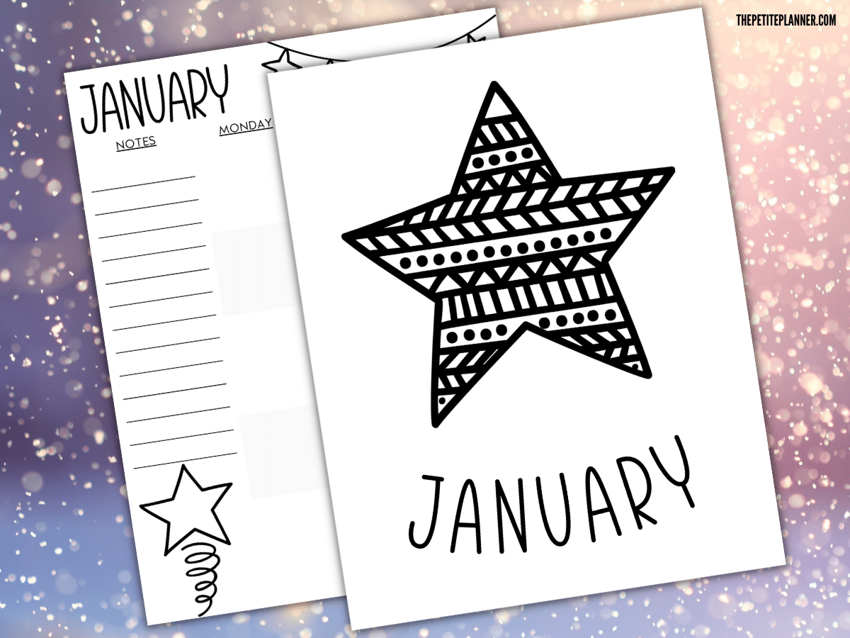 Star themed printable bullet journal setup for month of January