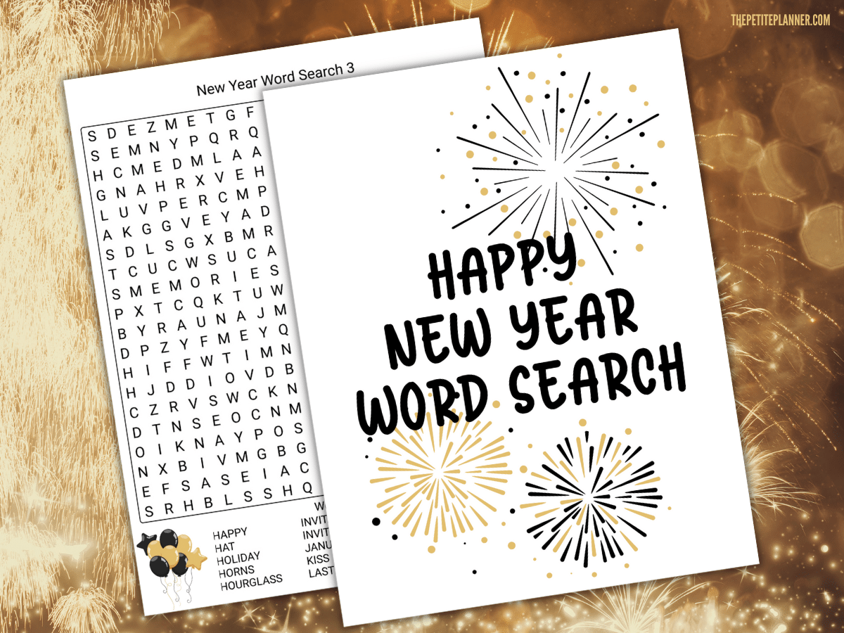 New Year's Eve themed word search on background with gold fireworks