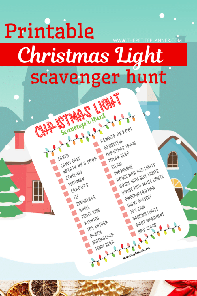 Printable Christmas light scavenger hunt on background of cartoon type houses with snow on the roof