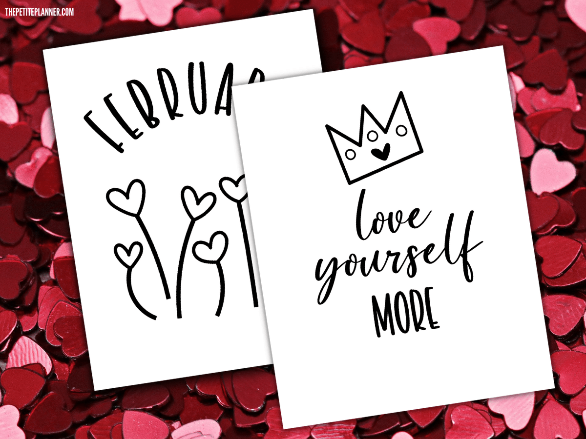 Printable February Bullet Journal theme featuring heart doodles