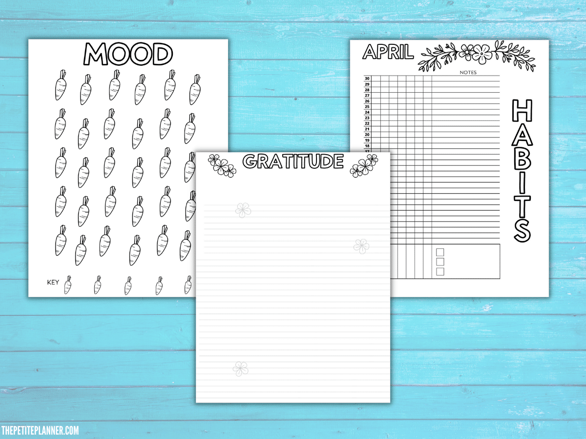 Images of Mood Tracker, Habit Tracker, and Gratitude pages of printable bullet journal setup