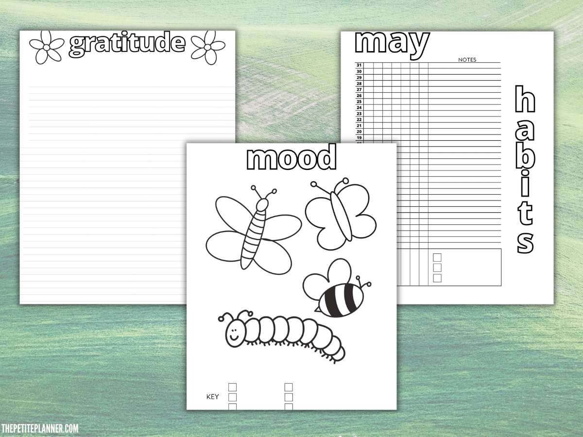 Printable tracker pages including gratitude tracker, mood tracker, and habit tracker with flowers, butterflies, and caterpillar