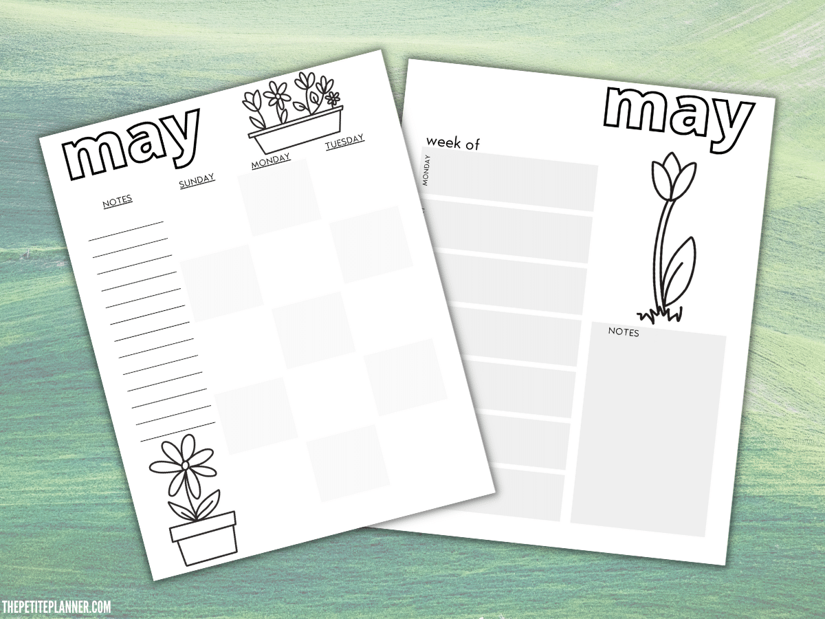 May calendar pages with monthly and weekly layouts and flowers